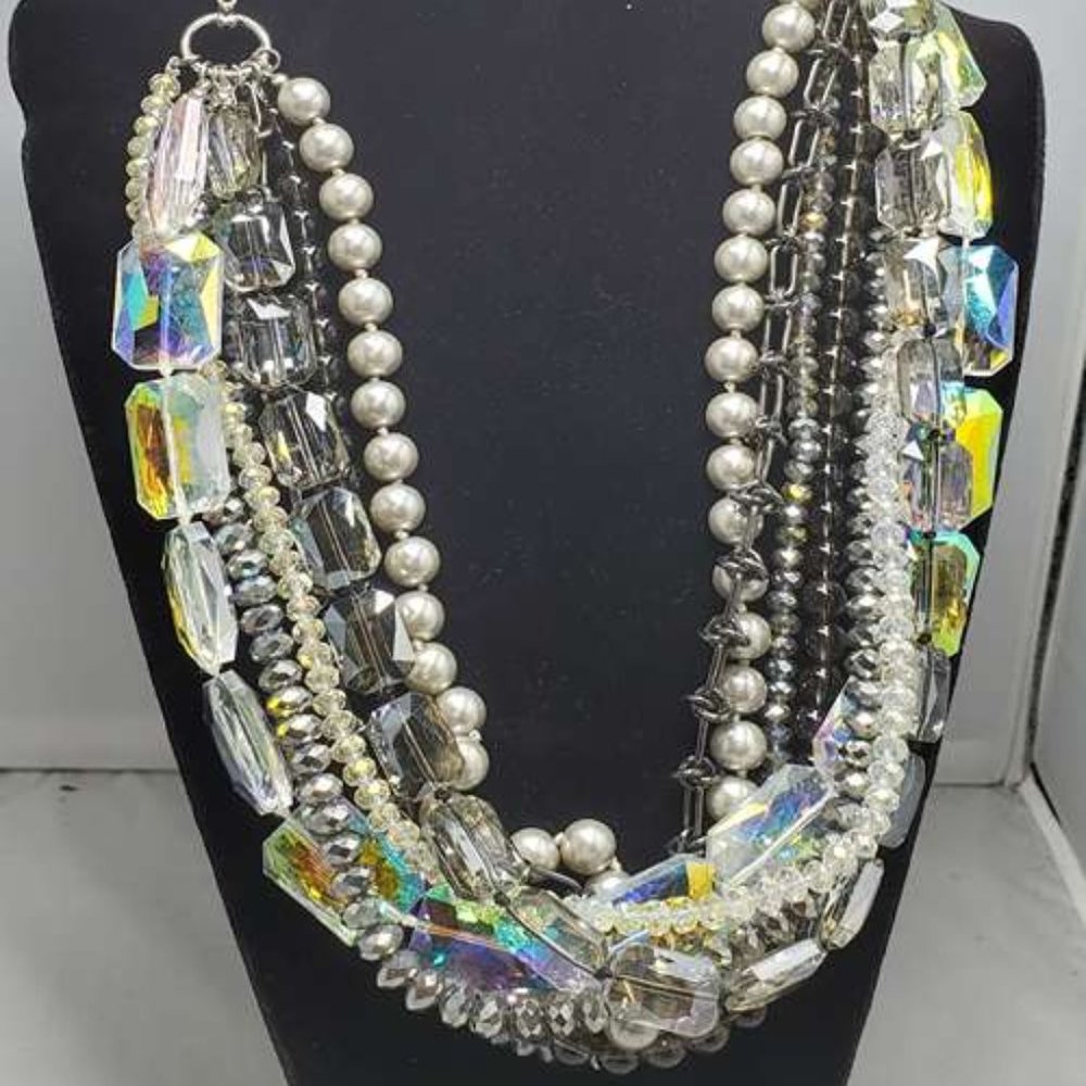 ALI KHAN  8 row in semi precious beads, faceted crystals, glass pearl necklace